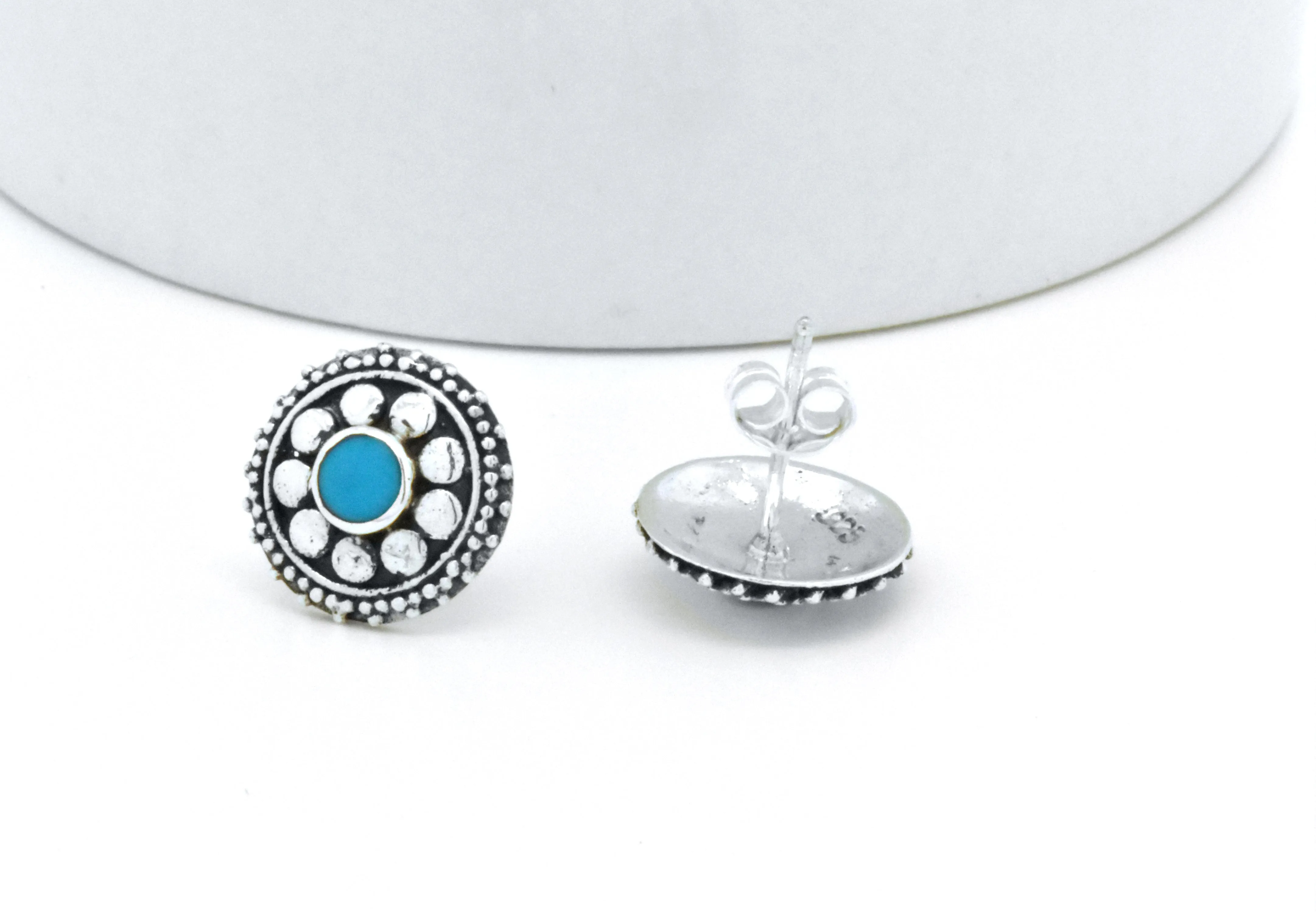 Sterling Silver Dream Floral Blue Turquoise Oxidized Stud Earrings