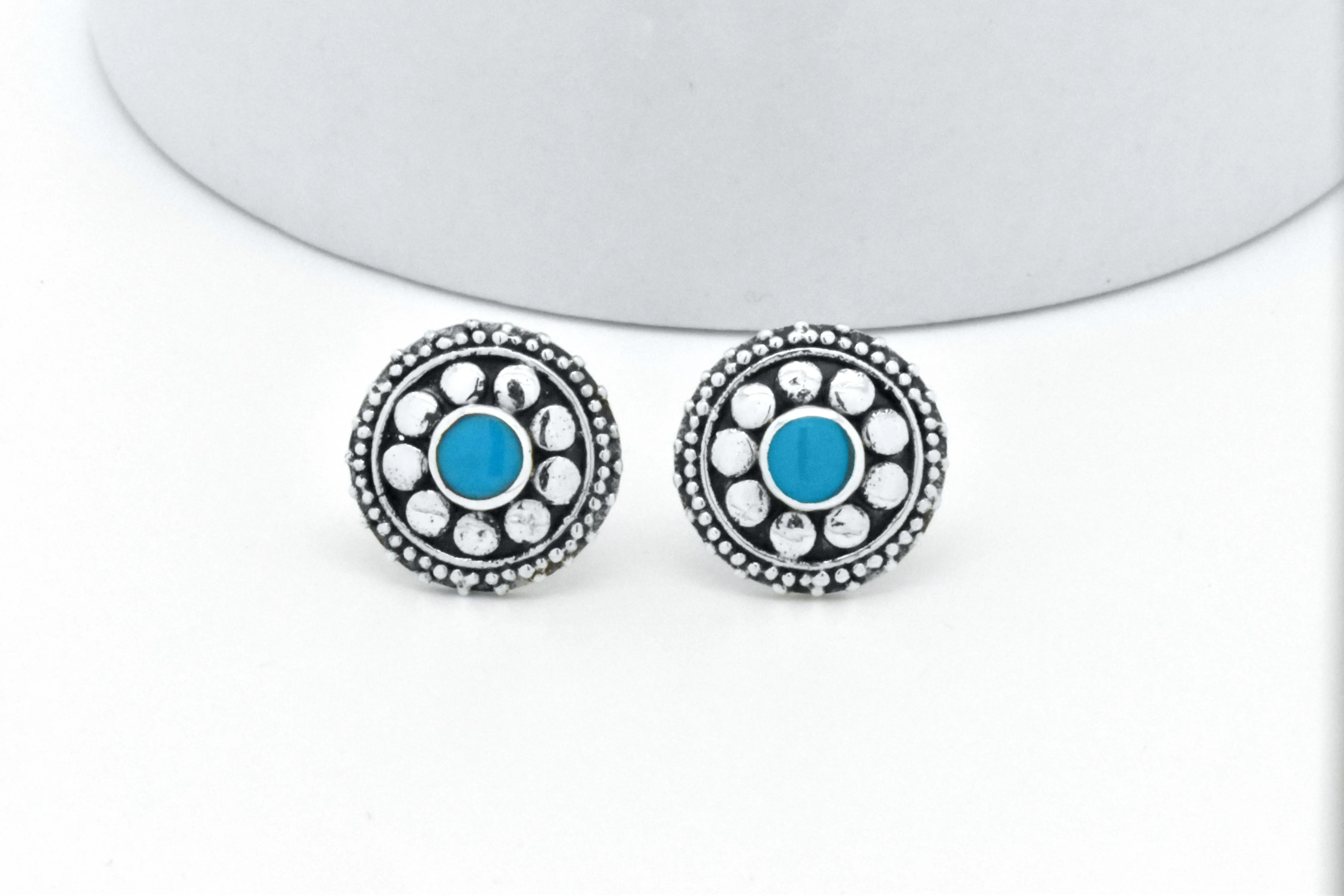 Sterling Silver Dream Floral Blue Turquoise Oxidized Stud Earrings