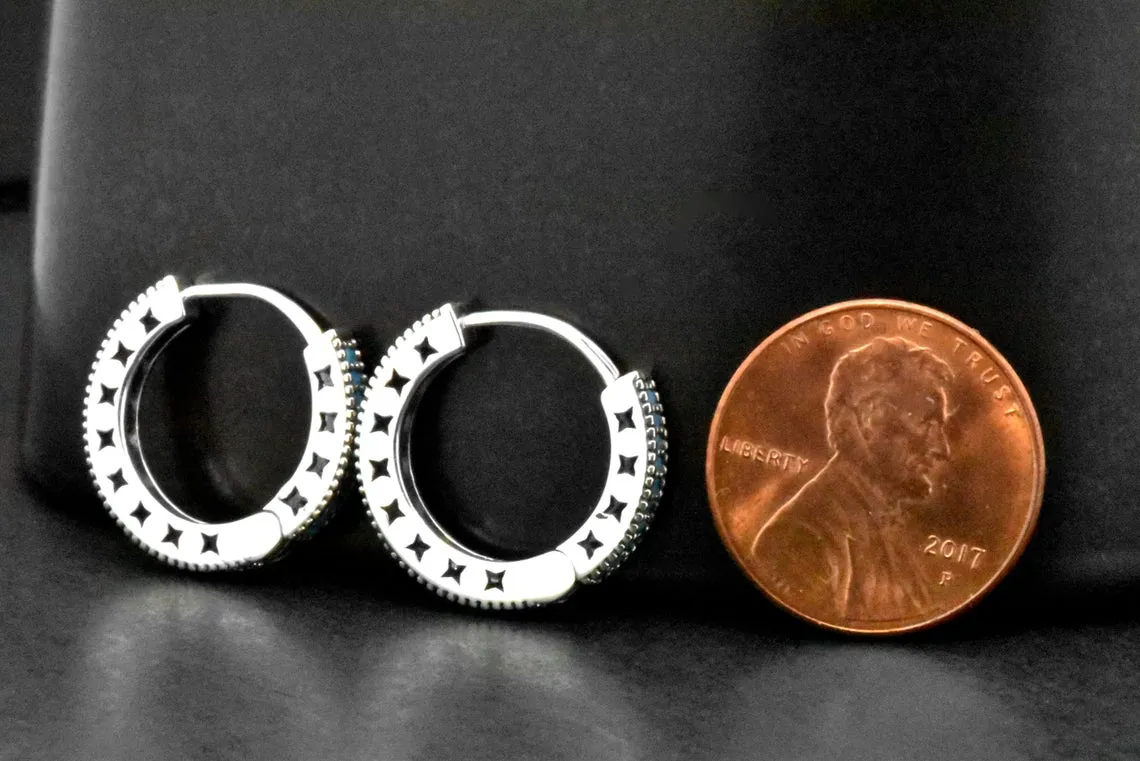 Sterling Silver Star Blue Turquoise Small Hoop Huggie Earrings