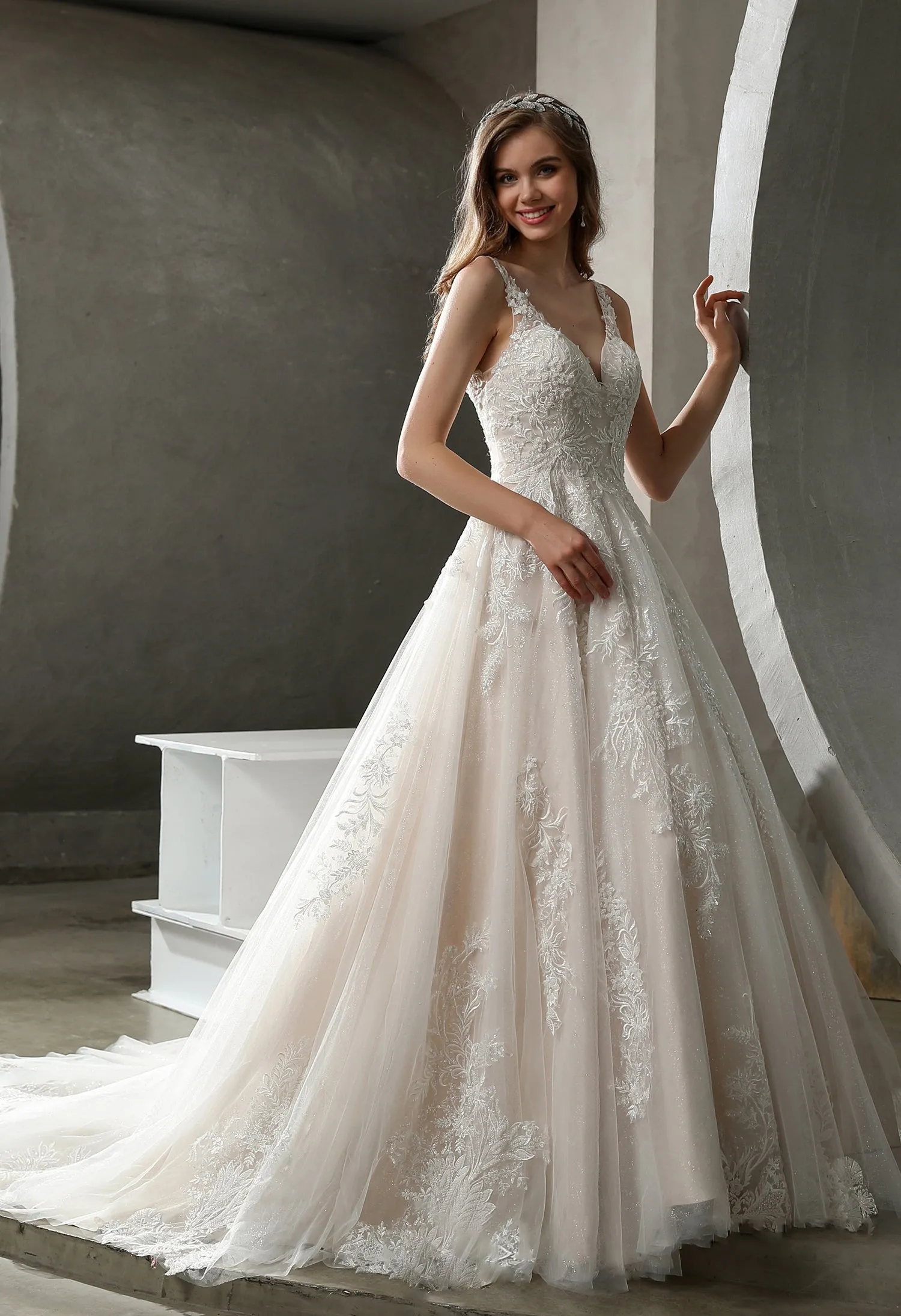 Stunning Tulle Lace Ball Gown with Glitter Tulle Underlay