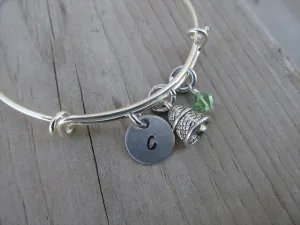 Thimble Charm Bracelet- Adjustable Bangle Bracelet with an Initial Charm and an Accent Bead in your choice of colors