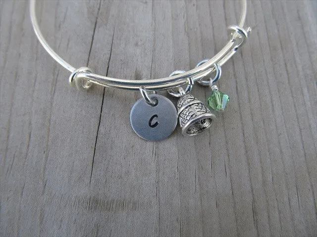 Thimble Charm Bracelet- Adjustable Bangle Bracelet with an Initial Charm and an Accent Bead in your choice of colors