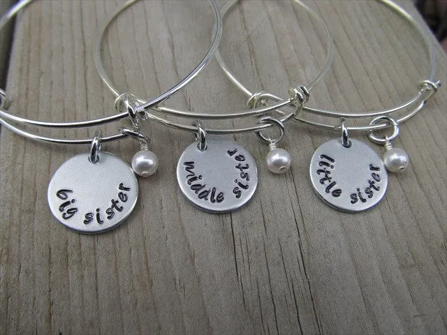 Three Sisters Bracelet Set - hand-stamped "big sister", "middle sister" and "little sister" Bracelets- Hand-Stamped Bracelet  -Adjustable Bangle Bracelet
