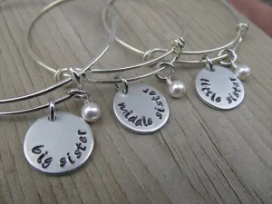 Three Sisters Bracelet Set - hand-stamped "big sister", "middle sister" and "little sister" Bracelets- Hand-Stamped Bracelet  -Adjustable Bangle Bracelet